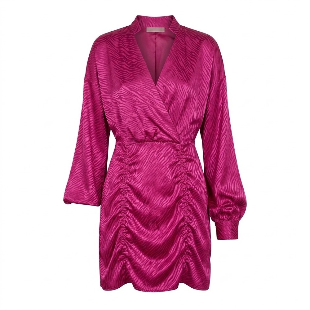 4SI3NNA Revolve Zebra Tiger Satin Ruched Dress Pink Burgundy L Party Date Night